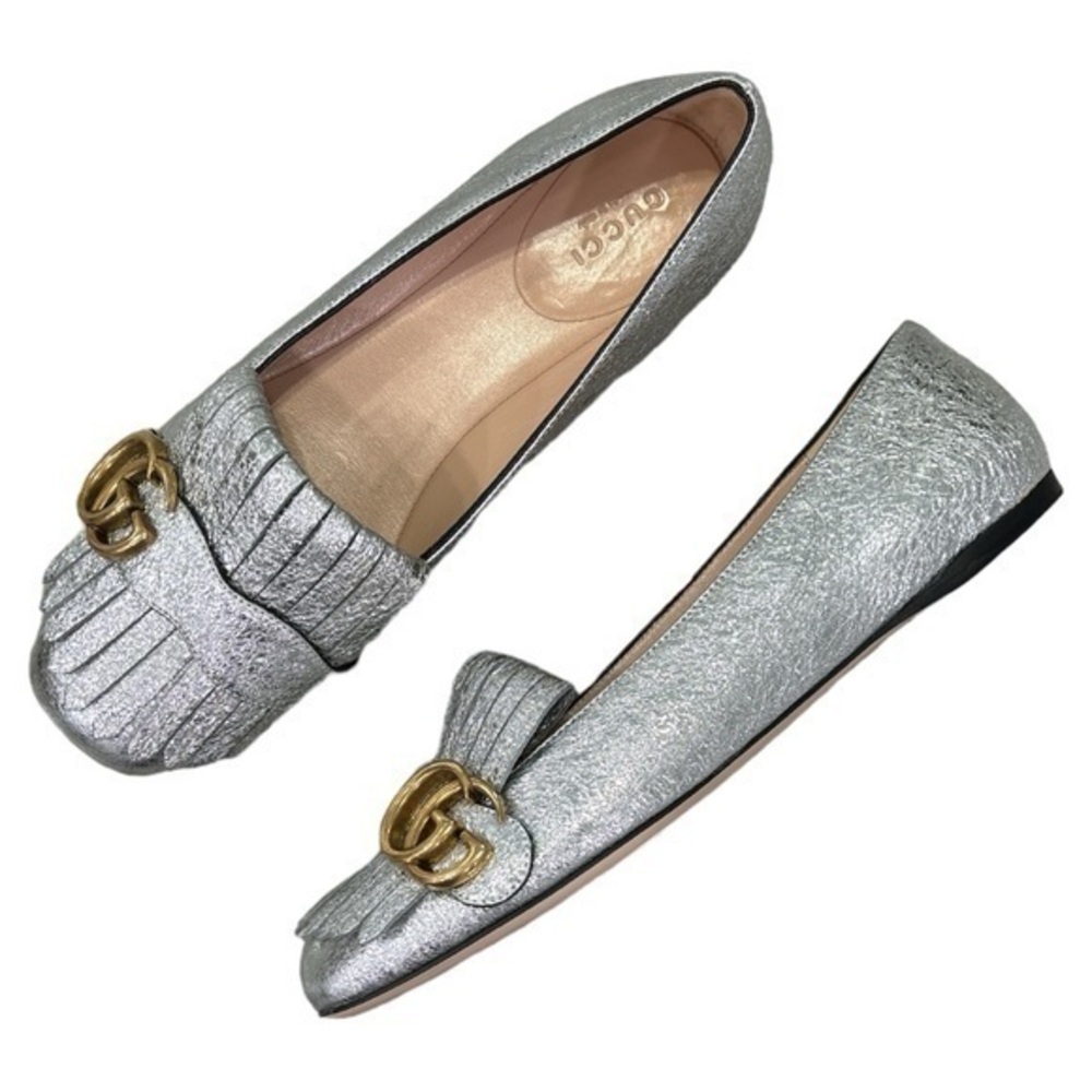 GUCCI Marmont GG Silver Leather Fringe Loafer Flats Size 37